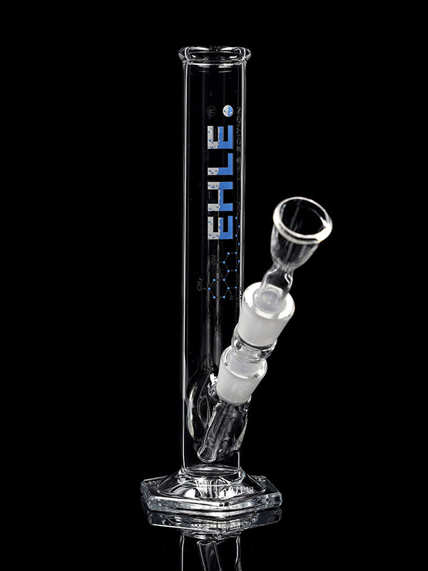 Zylinderbong 100ml NS 14,5 ohne Kickloch mit Kupplung Logo Blau-Weiß