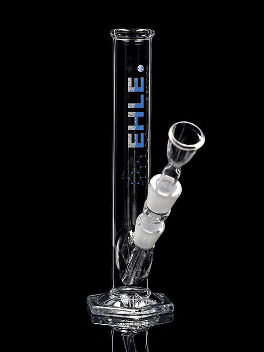 Zylinderbong 100ml NS 14,5 ohne Kickloch mit Kupplung Logo Blau-Weiß